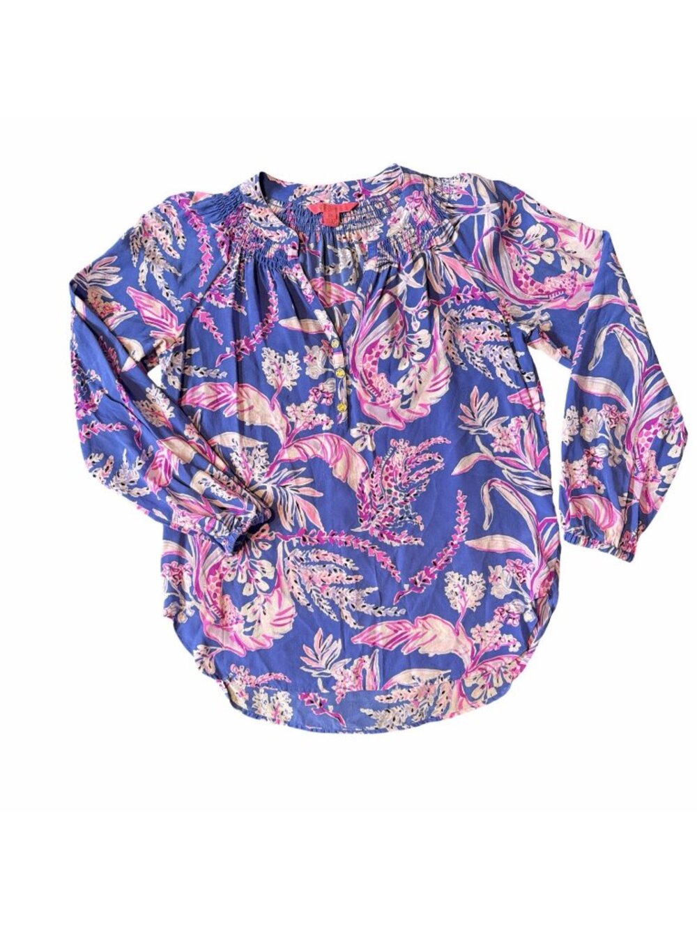 Lilly Pulitzer 100% Silk Elsa Top Floral Pink V Neck Tropical Long Sleeve Small